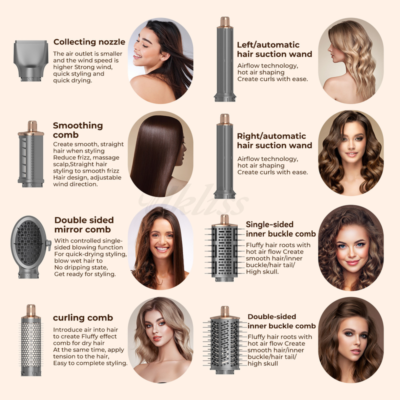 Set di asciugacapelli pieghevole 8 in 1 con impostazioni di calore regolabili e design multi-ugello