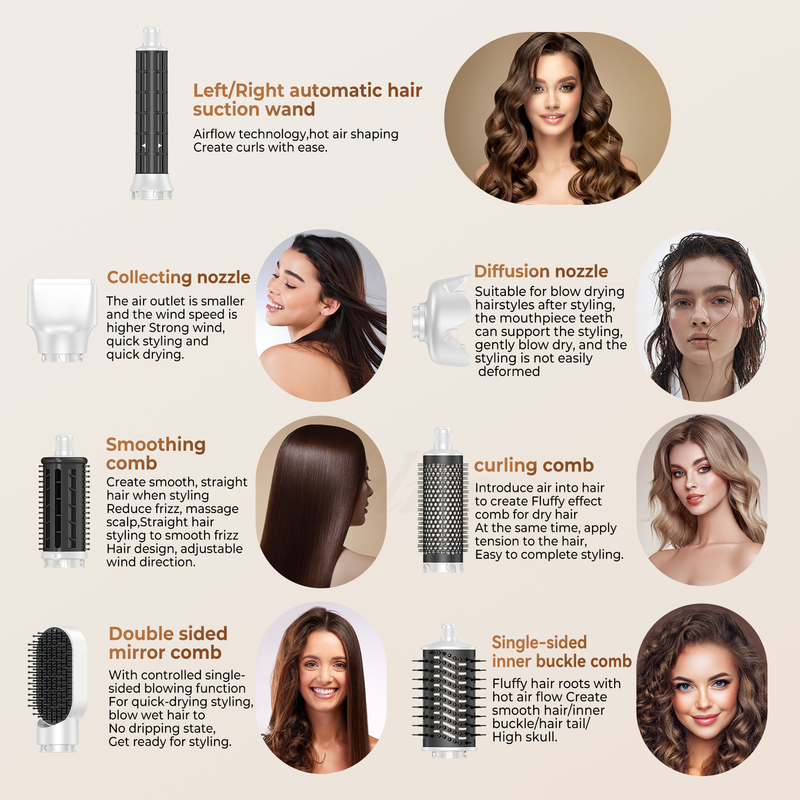 Asciugatrice di capelli professionale ad aria calda 8 in 1 con asciugatrice automatica e cavo di alimentazione 2M 1500W Multi-Styler